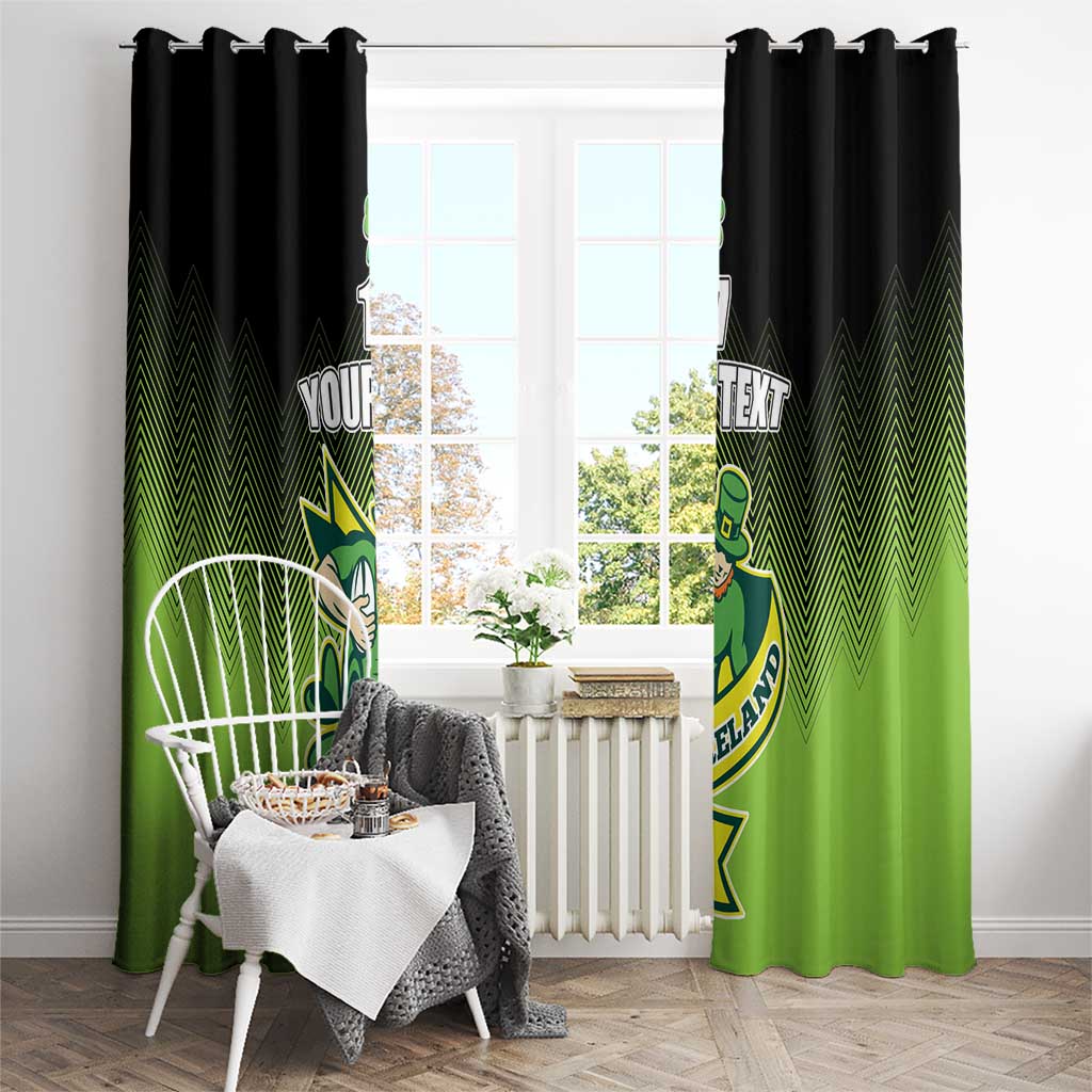 Black and green window curtains with Irish shamrock rugby crest design and zigzag chevrons.