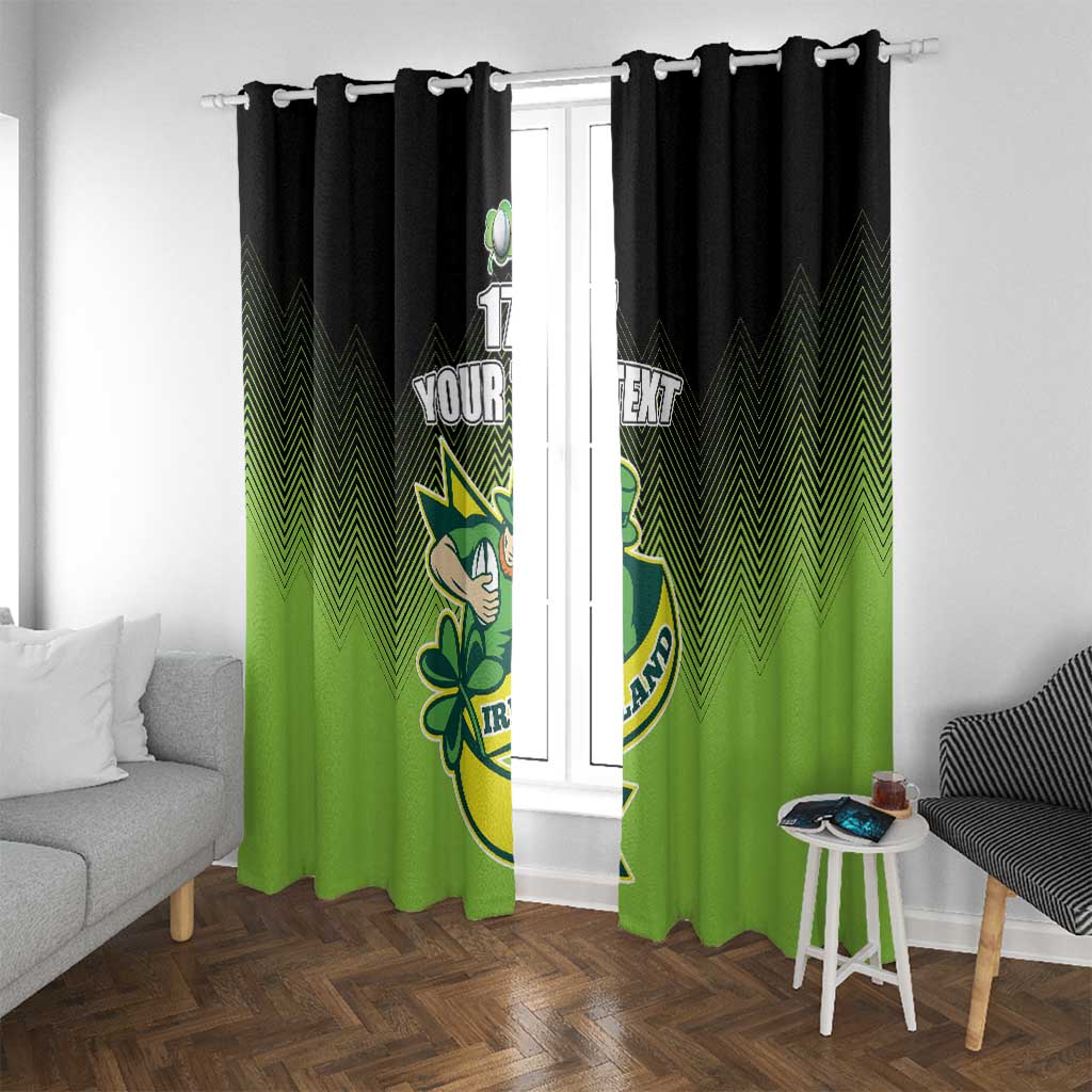 Black and green curtains framing a window, Irish shamrock rugby crest with “YOUR TEXT” centered.