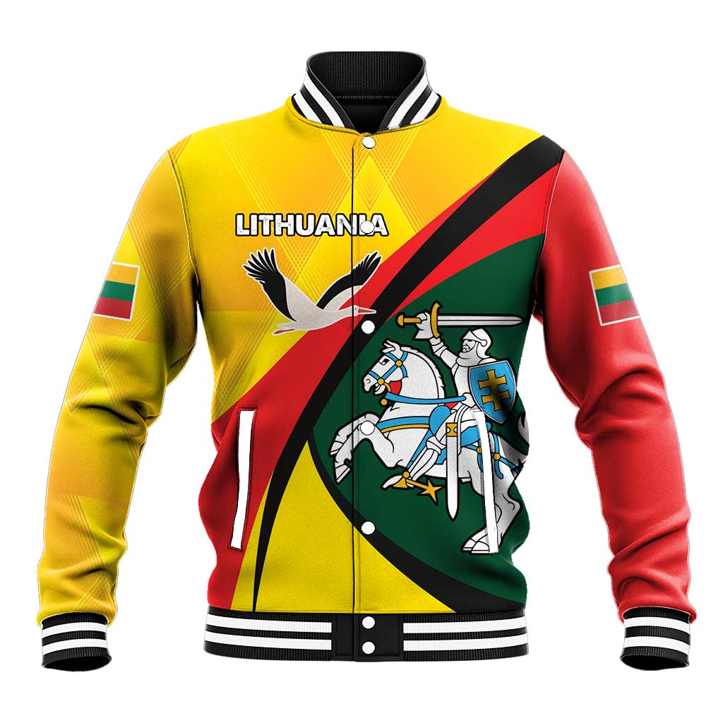 Yellow baseball jacket with Lithuania crest graphic, striped ribbed collar and cuffs.
