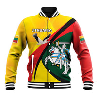 Yellow baseball jacket with Lithuania crest graphic, striped ribbed collar and cuffs.
