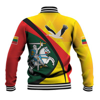 Back view yellow baseball jacket with Lithuania crest, diagonal emblem stripe and ribbed hem.