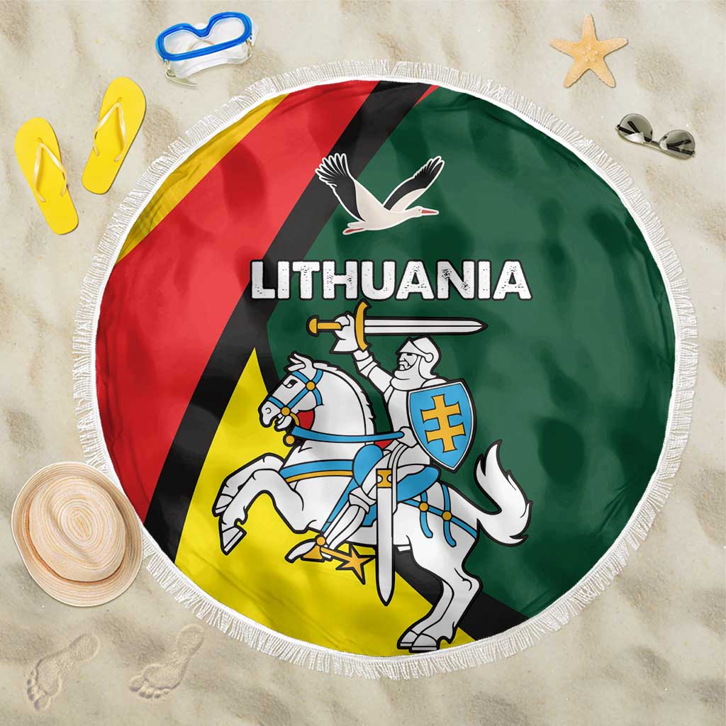 Round Lithuania beach blanket with coat of arms crest, fringed edge, full circular emblem
