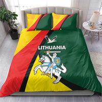 Lithuania flag-themed bedding set with horse rider crest on green and red bedspread