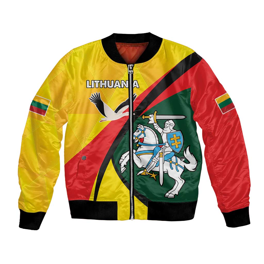 Unisex bomber jacket with zip front, yellow-red-green flag panels, coat of arms print