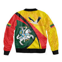 Unisex bomber jacket back view, yellow-red-green panels, coat of arms and Vytis graphic