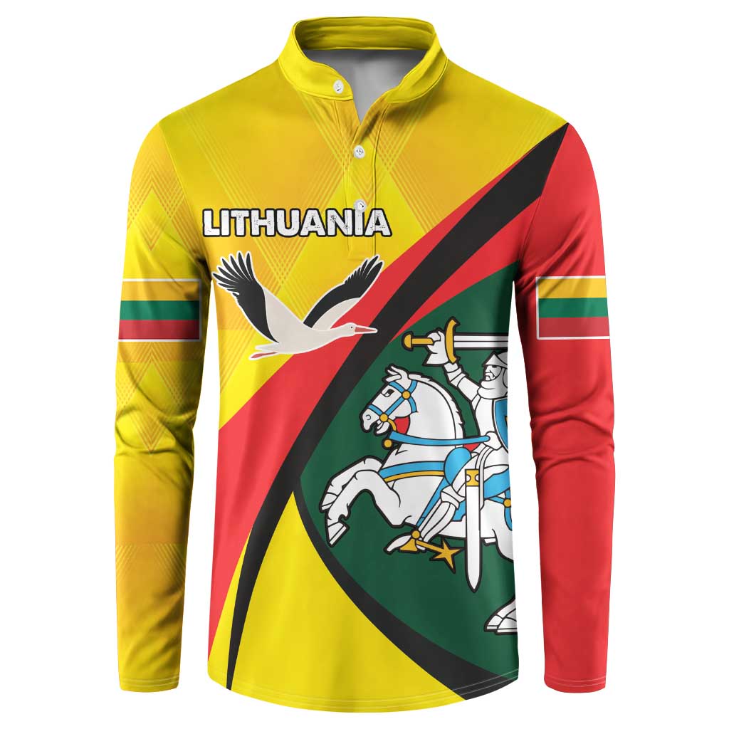 Yellow long-sleeve button polo shirt with Lithuania word, eagle, knights flag print