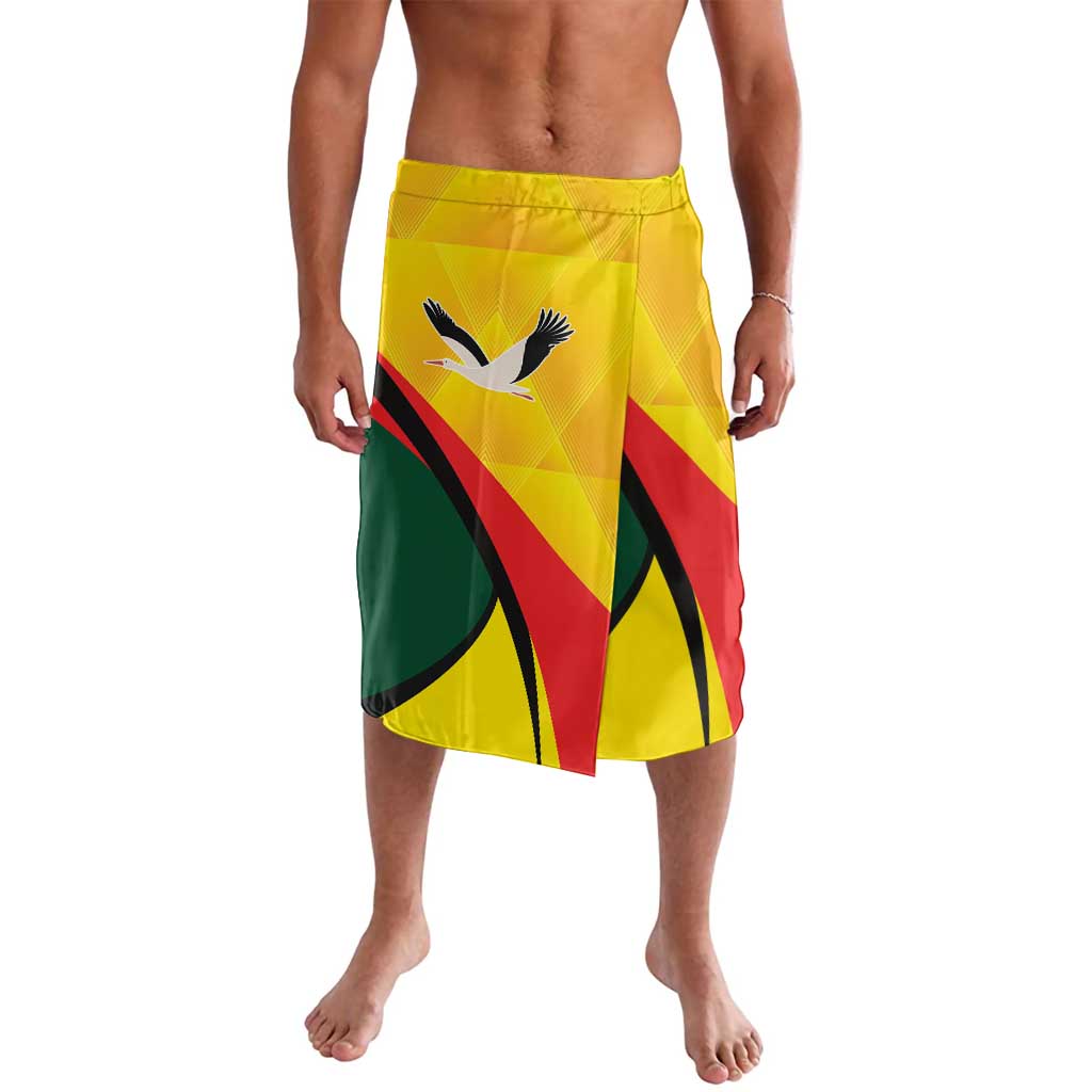 Yellow elastic-waist graphic shorts with bird and flag emblem print