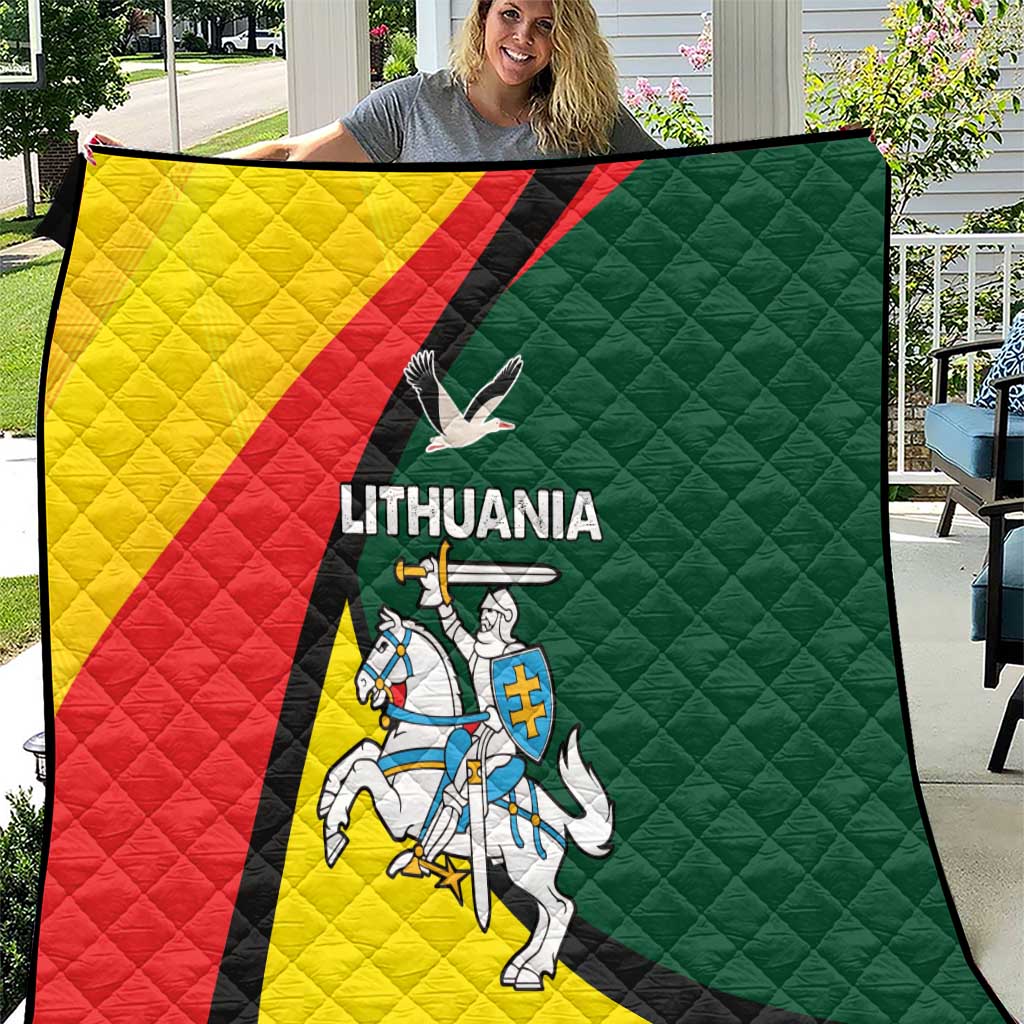 Lithuania flag quilt blanket, quilted fabric with “LITHUANIA” text and knight emblem