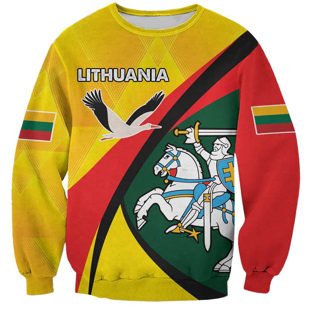 Yellow crewneck sweatshirt with Lithuania lettering and rider-and-horse crest graphic
