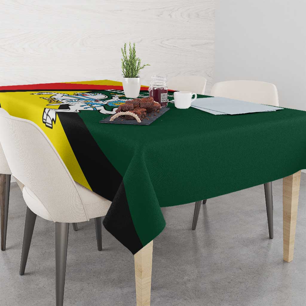 Lithuanian crest tablecloth on dining table with Vytis rider and Lithuanian emblem