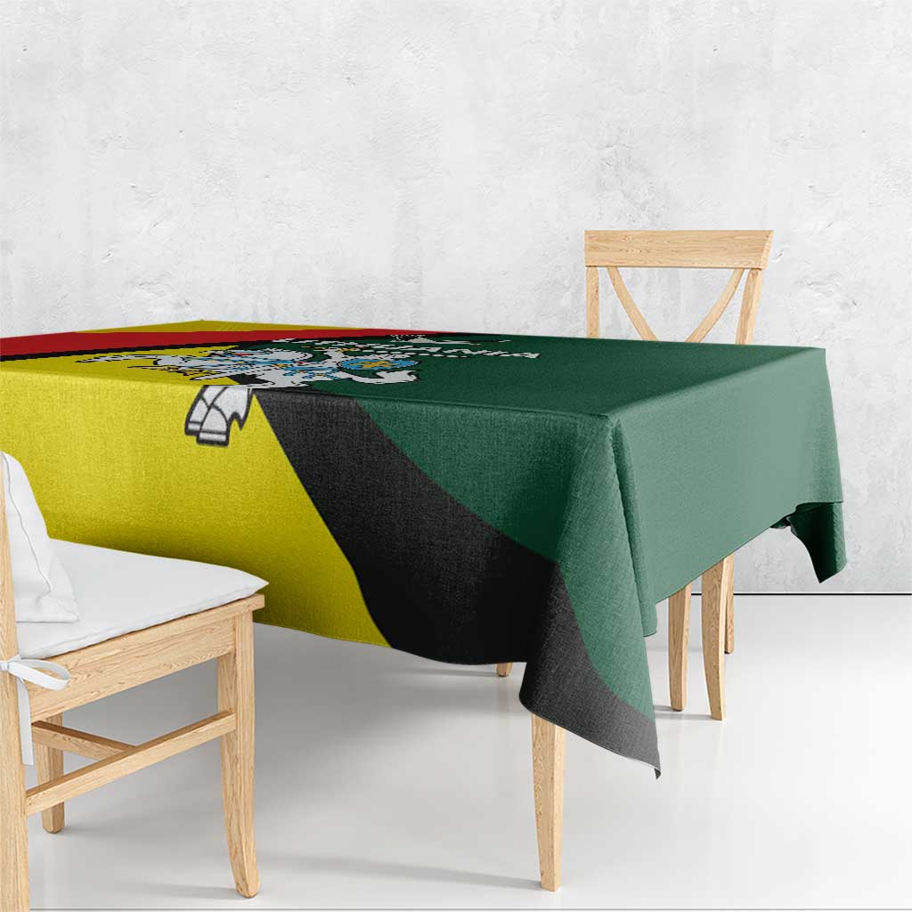 Lithuanian crest tablecloth corner view with Vytis rider and eagle emblem in yellow and green