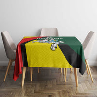 Lithuanian crest tablecloth with Vytis rider graphic and yellow, green, red, black stripes