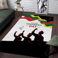 White area rug with Lithuania Independence Day text, colored flag map, and black figures