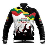 Baseball jacket with black sleeves, white front, Independence Day graphic, varsity striped cuffs