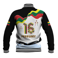 Baseball jacket with black sleeves, white back, tricolor emblem and February graphic, striped hem