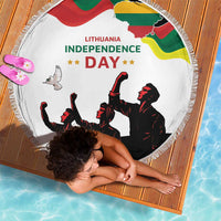 White round beach blanket with Lithuania Independence Day text, flag, tassel fringe