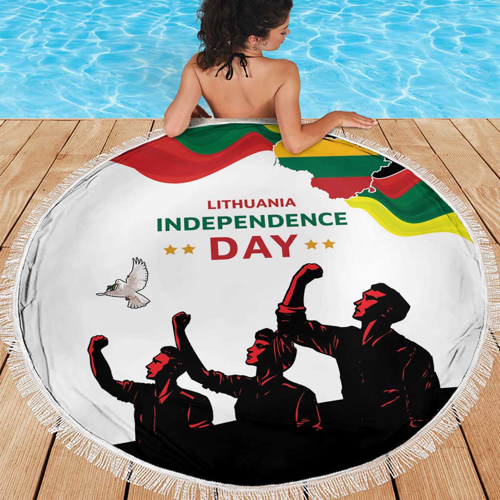 White round beach blanket with Lithuania Independence Day lettering and silhouettes, fringe
