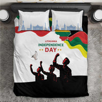 White Lithuania Independence Day bedding set with flag waves, skyline towers, and soldiers silhouettes
