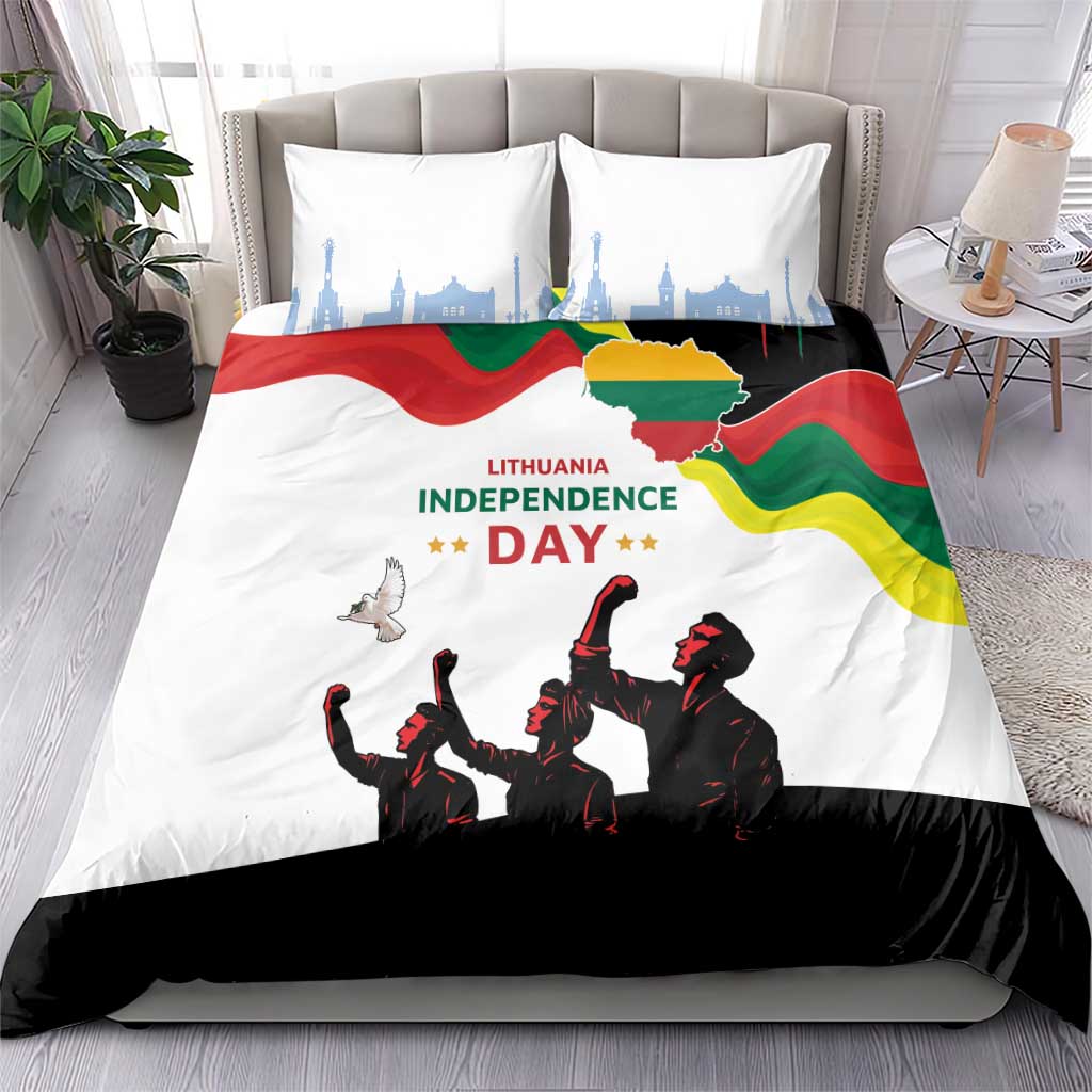 White Lithuania Independence Day bedding set featuring flag wave graphic and soldiers silhouettes