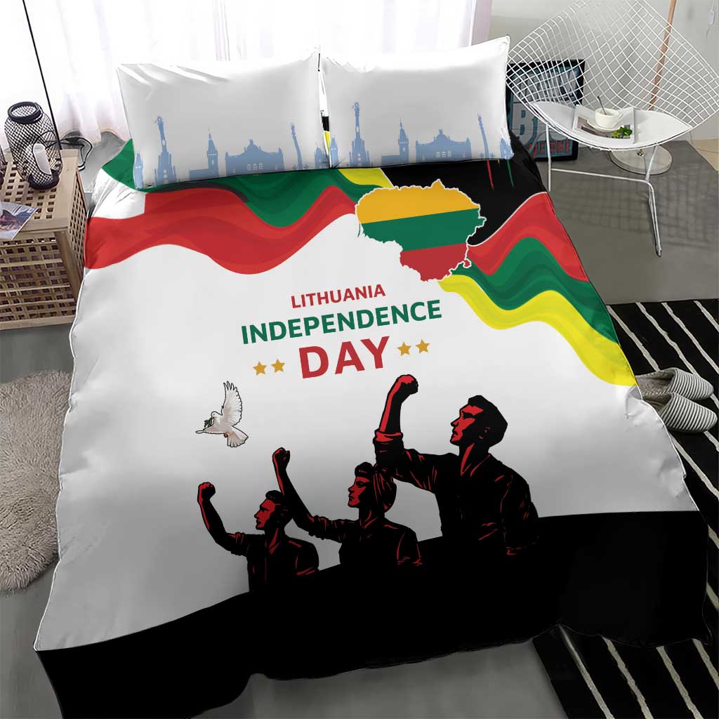 White Lithuania Independence Day bedding set with Lithuanian flag wave, skyline towers, and soldiers