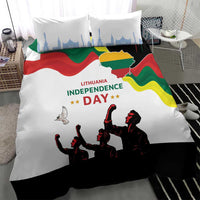 White Lithuania Independence Day bedding set with Lithuanian flag wave, skyline towers, and soldiers