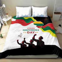 White Lithuania Independence Day bedding set showing flag wave, Independence Day text, and soldier silhouettes