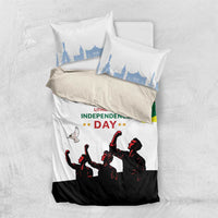 White Lithuania Independence Day duvet set with flag wave and soldiers silhouettes, plus matching pillowcases