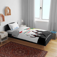 Lithuania Independence Day bedding set on bed with flag wave design and soldier silhouettes