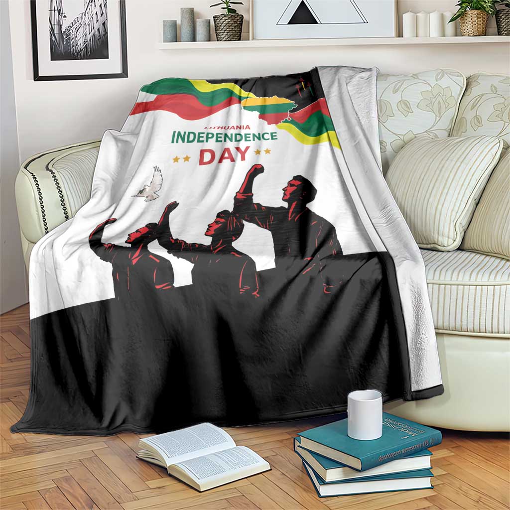 Independence Day blanket with white and black design, flag colors and marching figures