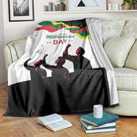 Independence Day blanket with white and black design, flag colors and marching figures