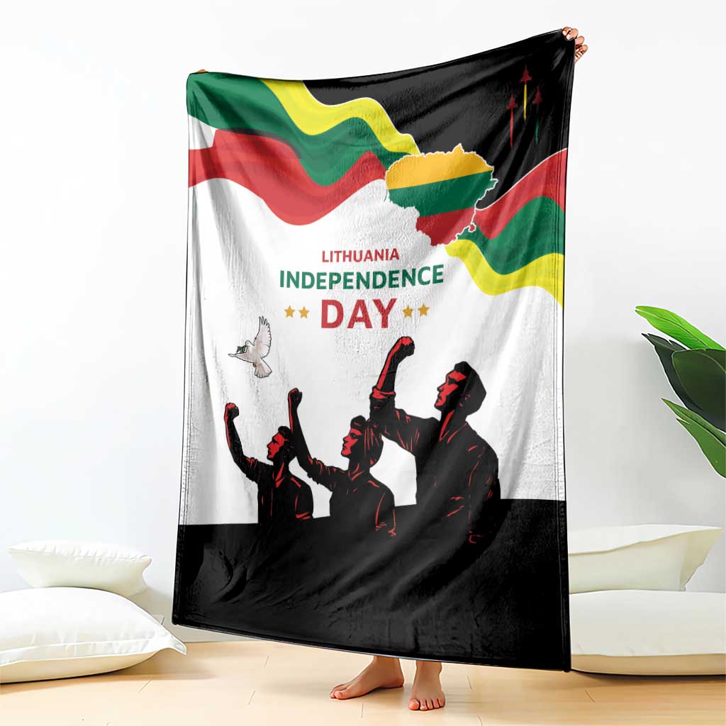 Independence Day blanket draped on floor, Lithuania flag graphic and black soldier silhouettes