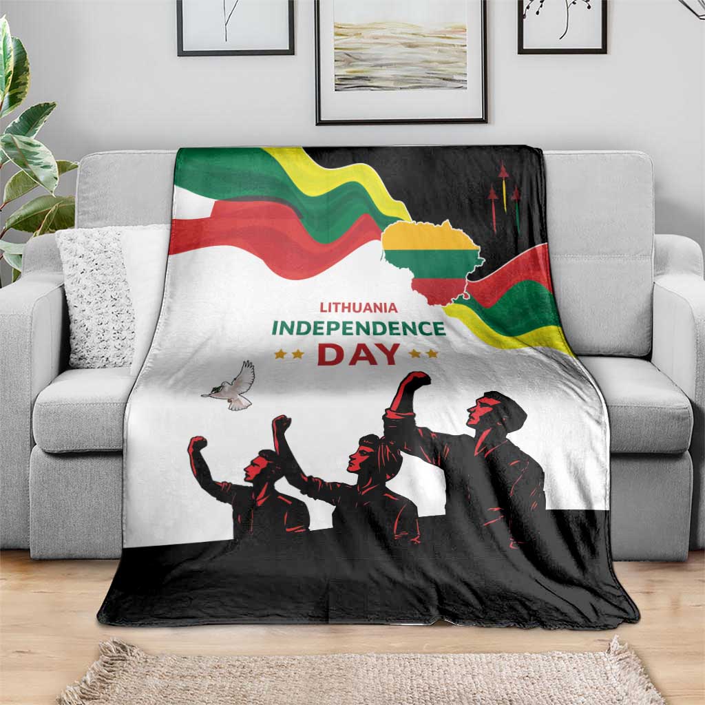 Independence Day blanket on sofa with flag waves, multicolor text and marching figures