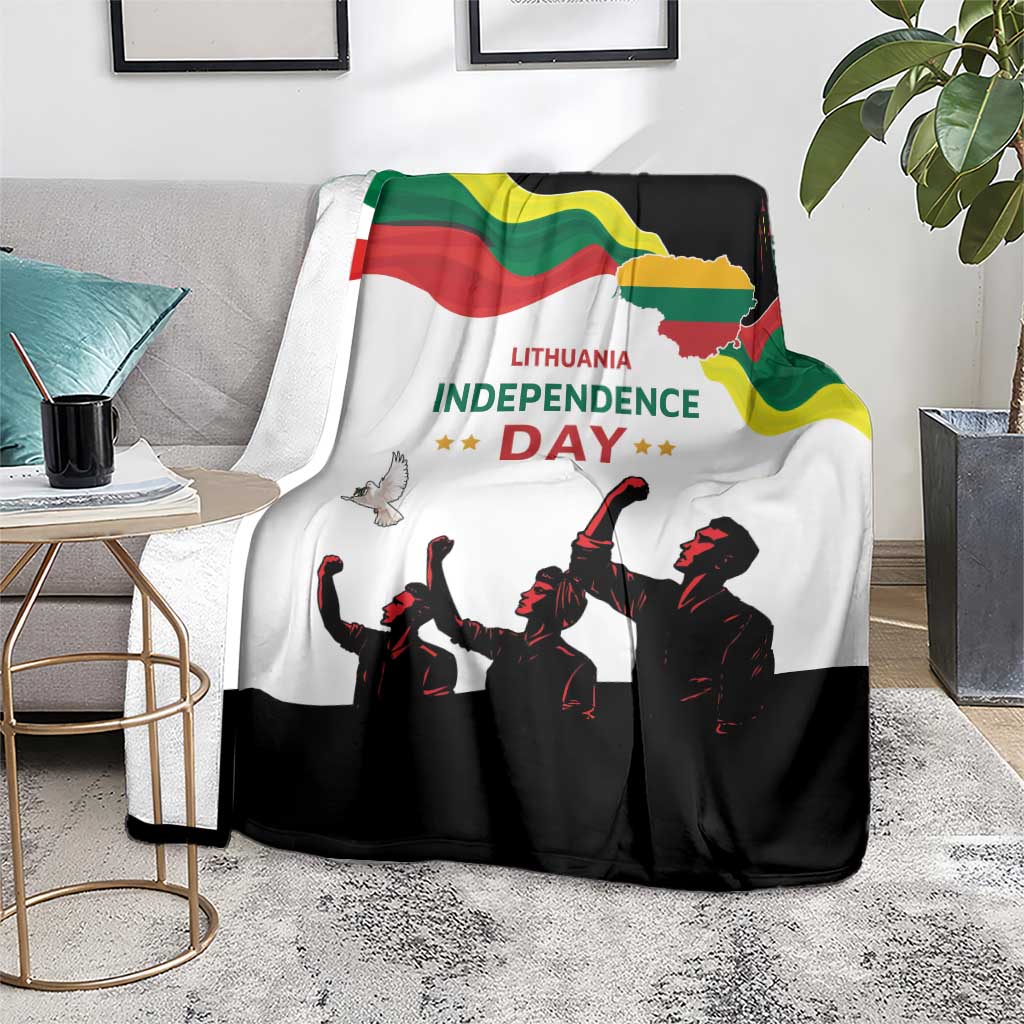 Independence Day blanket on gray sofa, flag crest graphic, text and marching silhouettes