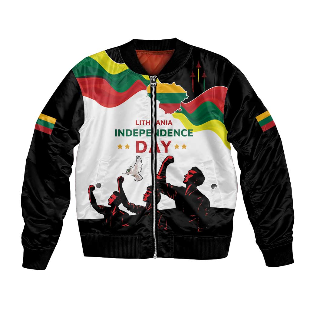 Unisex bomber jacket with zip front, black sleeves and white panel, colorful independence graphic
