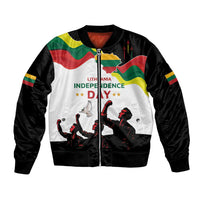 Unisex bomber jacket with zip front, black sleeves and white panel, colorful independence graphic
