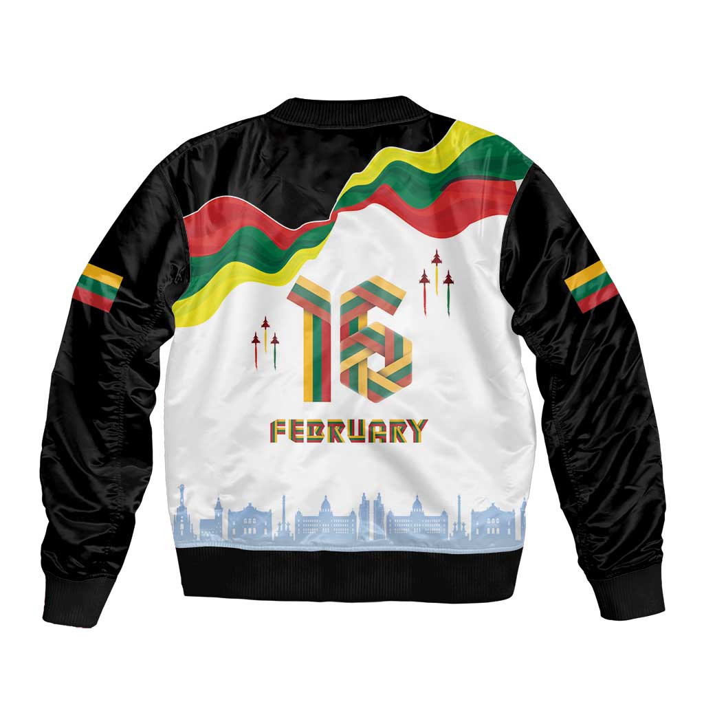 Unisex bomber jacket with zip front, black sleeves and white back, flags and skyline graphic