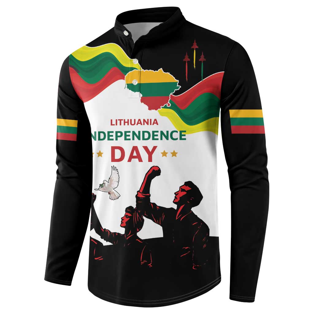 Black button-front sweatshirt with Lithuania Independence Day text and rally figure graphic