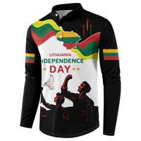 Black button-front sweatshirt with Lithuania Independence Day text and rally figure graphic