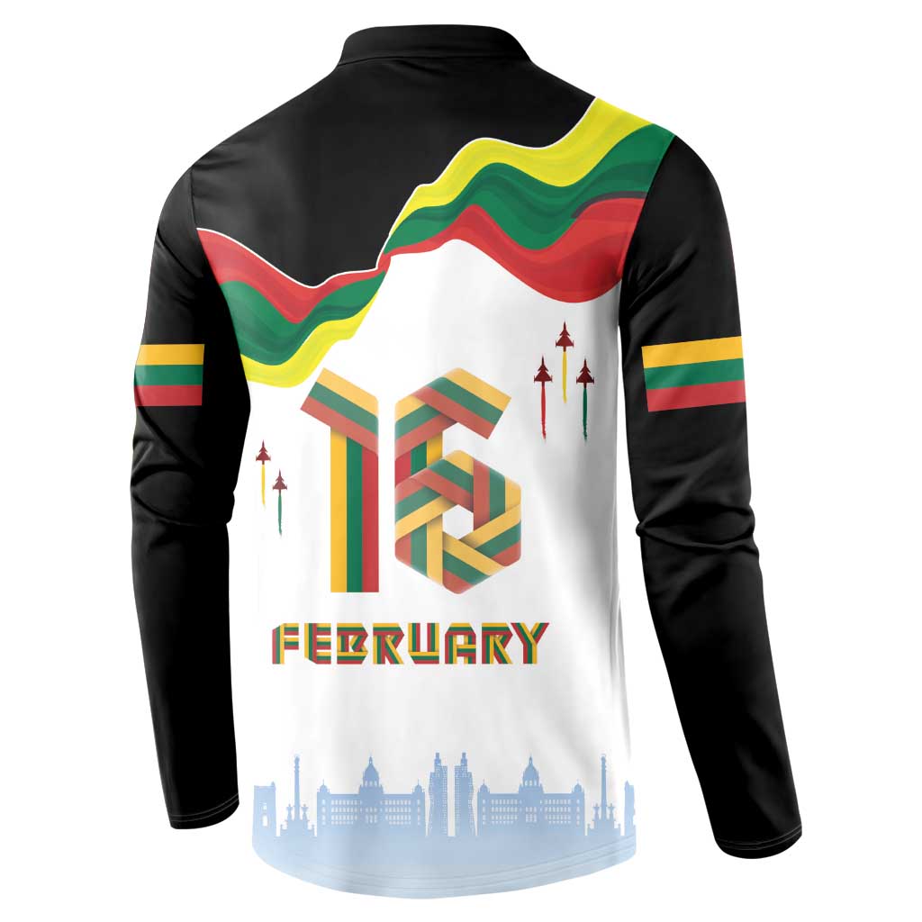 Black button-front sweatshirt with back graphic, flag waves, and FEBRUARY text
