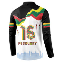 Black button-front sweatshirt with back graphic, flag waves, and FEBRUARY text
