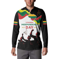 Black button-front sweatshirt worn by model with Lithuania Independence Day graphic on chest