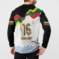 Black button-front sweatshirt worn by model with back flag wave graphic and FEBRUARY text