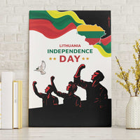 Lithuania Independence Day canvas wall art front view with waving flag, dove, and silhouettes