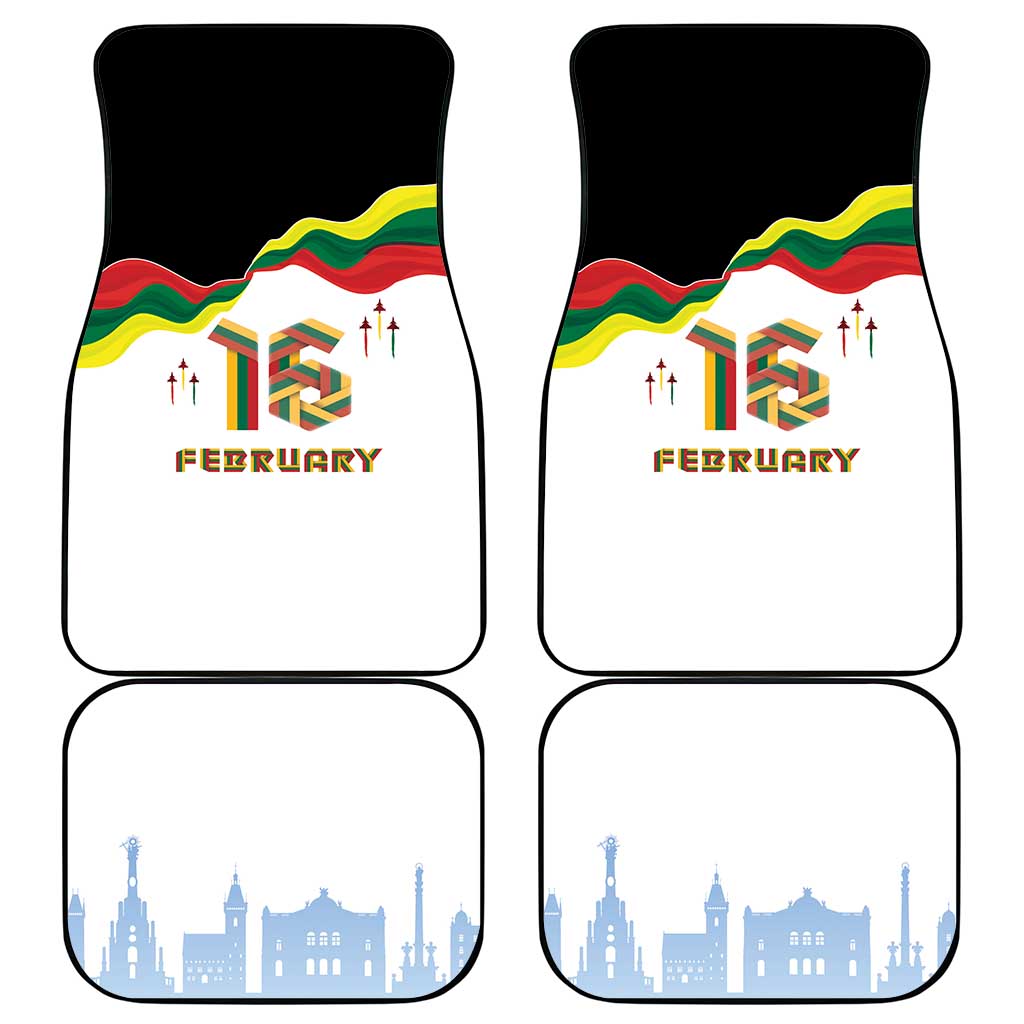 Set of four white car mats with February text, skyline silhouettes, and flag graphic