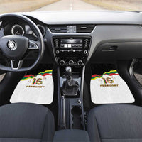 Pair of white front car mats with February skyline print and colorful flag graphic