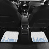 White rear car floor mats with February skyline print and colorful flag graphic