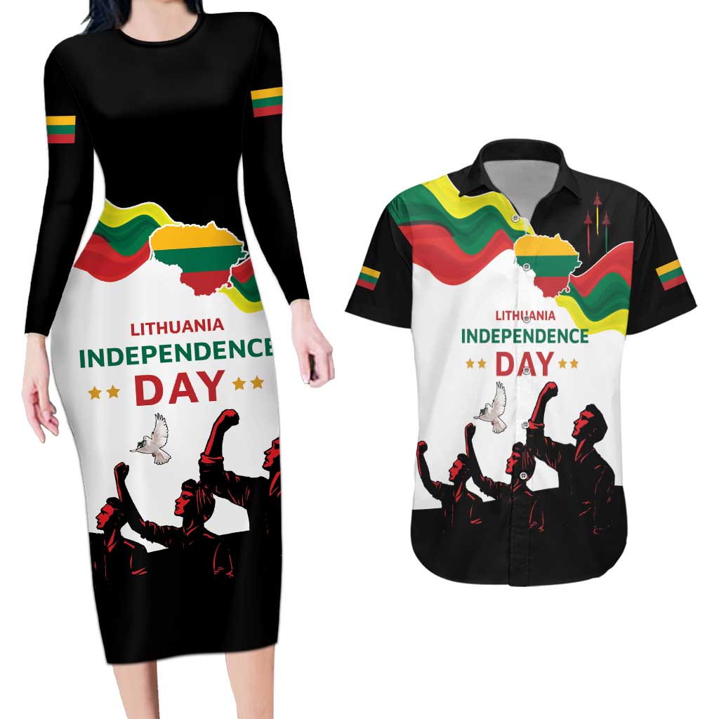 Lithuania Independence Day Couples Matching Long Sleeve Bodycon Dress and Hawaiian Shirt 16th February