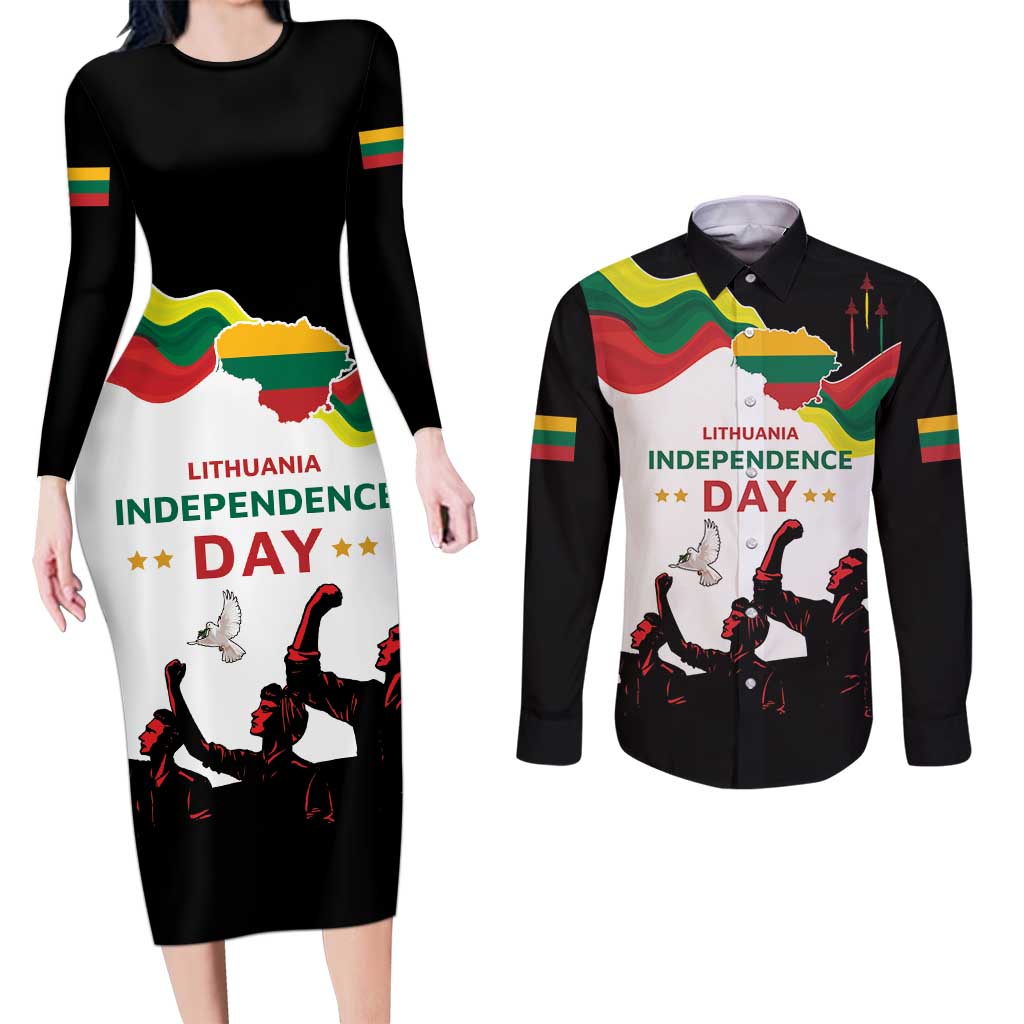 Lithuania Independence Day Couples Matching Long Sleeve Bodycon Dress and Long Sleeve Button Shirt 16th February