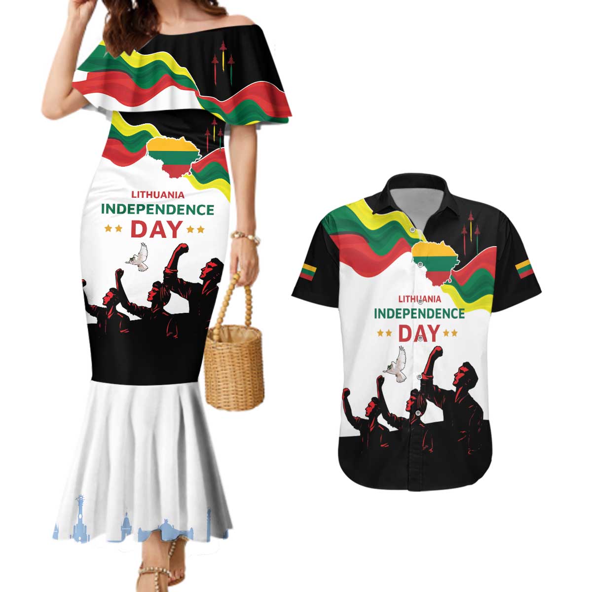 Lithuania Independence Day Couples Matching Mermaid Dress and Hawaiian Shirt 16th February