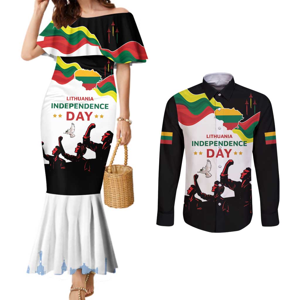 Lithuania Independence Day Couples Matching Mermaid Dress and Long Sleeve Button Shirt 16th February